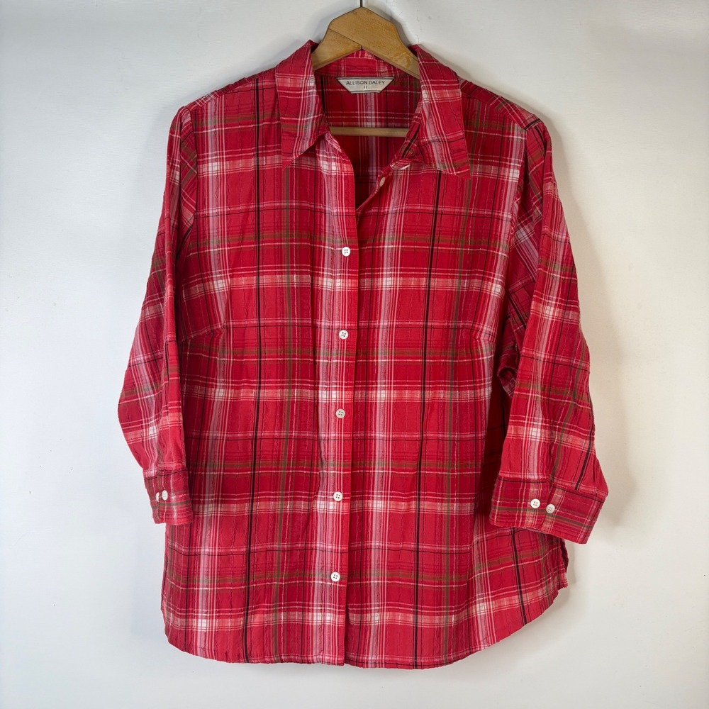 Allison Daley Button Down Shirt Women 20W Red Plaid 3/4 Sleeve Textured Stretch